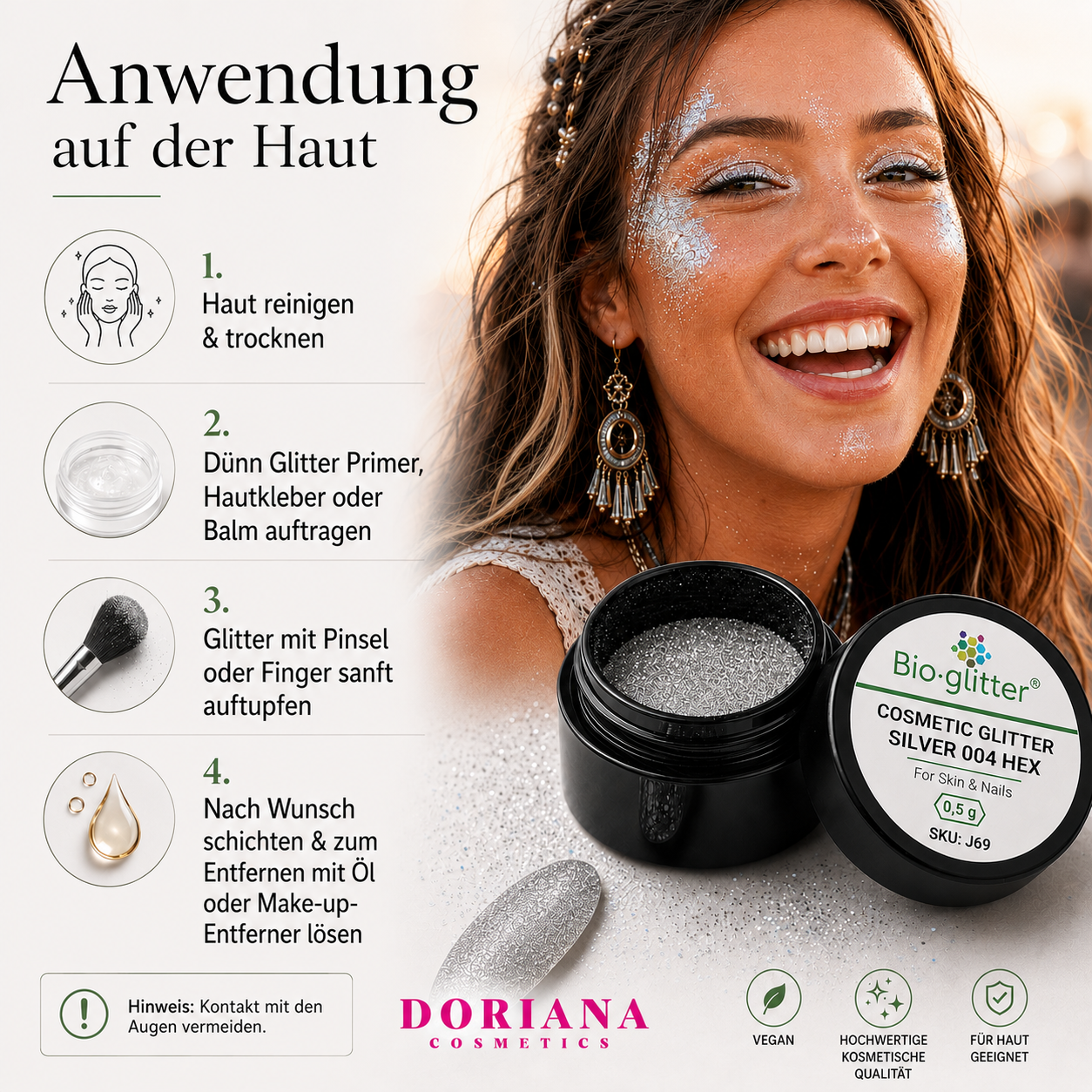 Bioglitter® Cosmetic Glitter Silver | Fein 004 Hex | für Haut & Nägel | 0,5 g