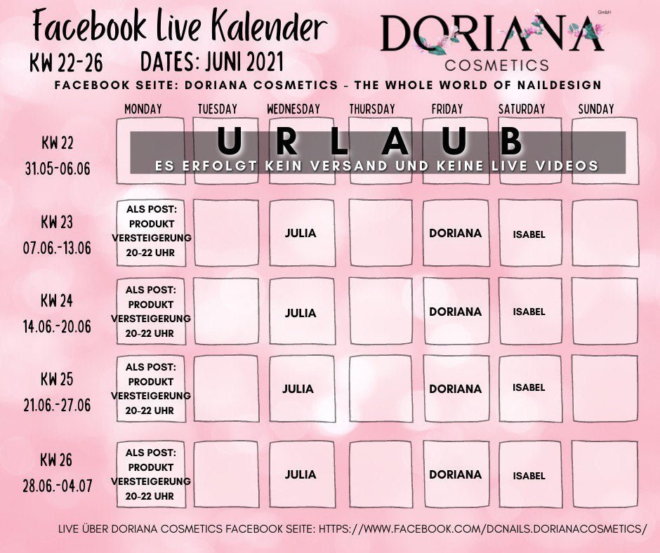 KW 22-26 Juni 2021 Facebook Live/Event  Kalender - Doriana Cosmetics GmbH