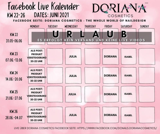 KW 22-26 Juni 2021 Facebook Live/Event  Kalender - Doriana Cosmetics GmbH