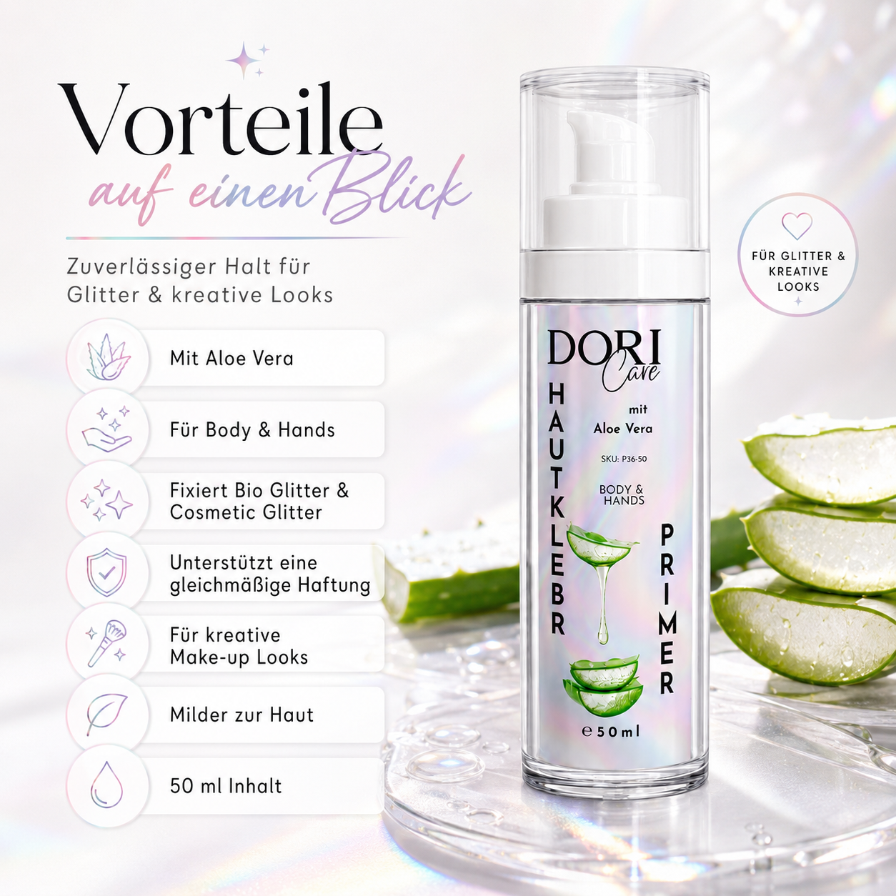 DORICare Hautkleber & Primer | Aloe Vera Pflegebasis für Bio Glitter, Cosmetic Glitter & Make-up