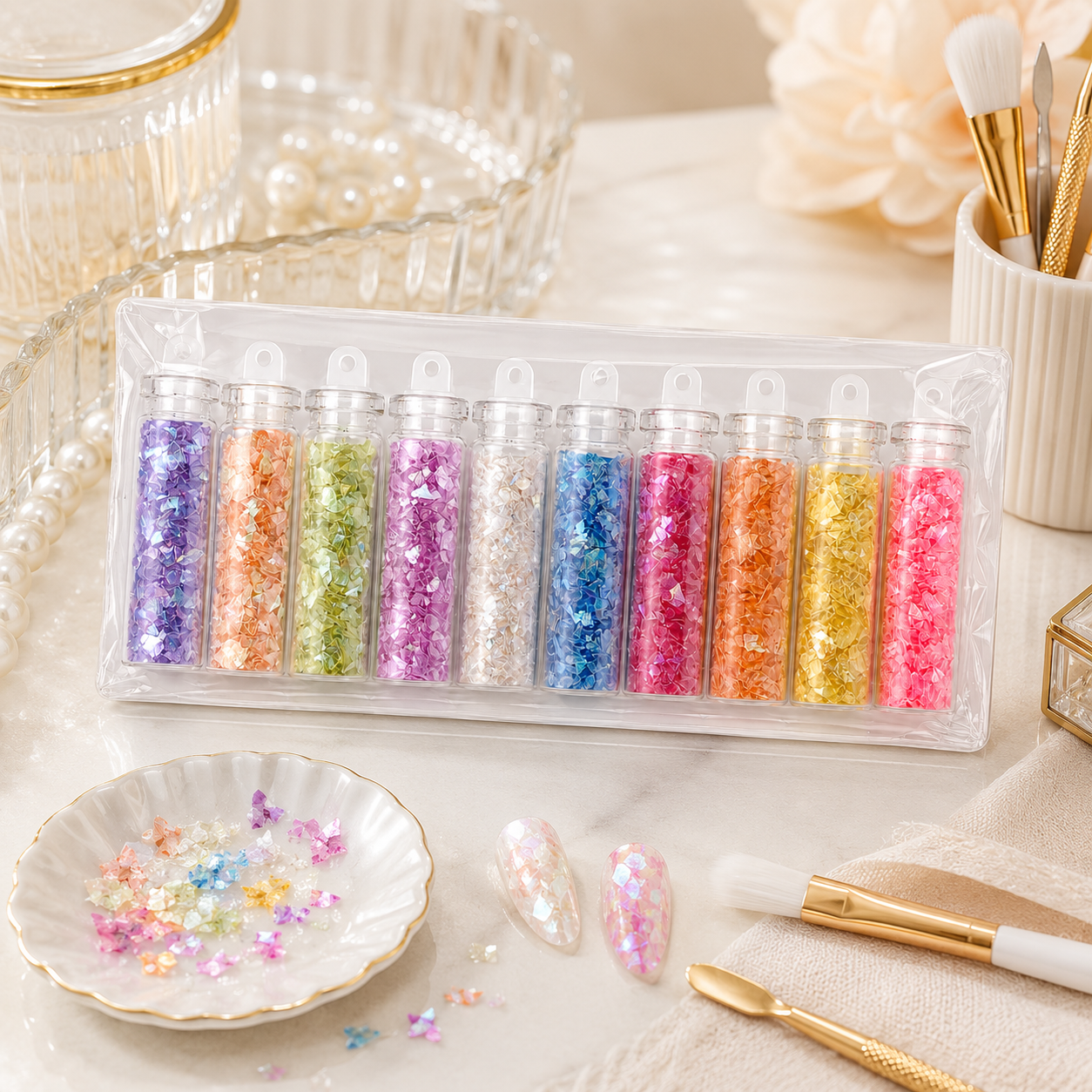 Flake Glitzer Inlays ⎥ 10er Set ⎥  Iridescent Nail Art Flakes für Glitzer-Designs, Einleger & 3D Effekte