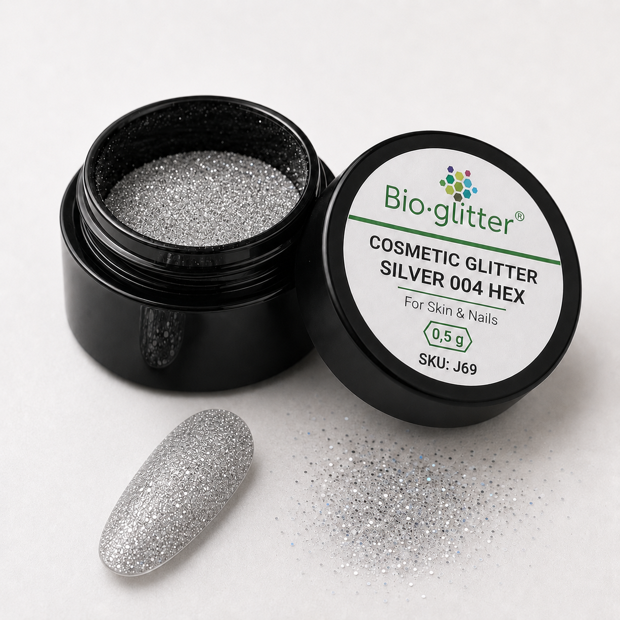 Bioglitter® Cosmetic Glitter Silver | Fein 004 Hex | für Haut & Nägel | 0,5 g