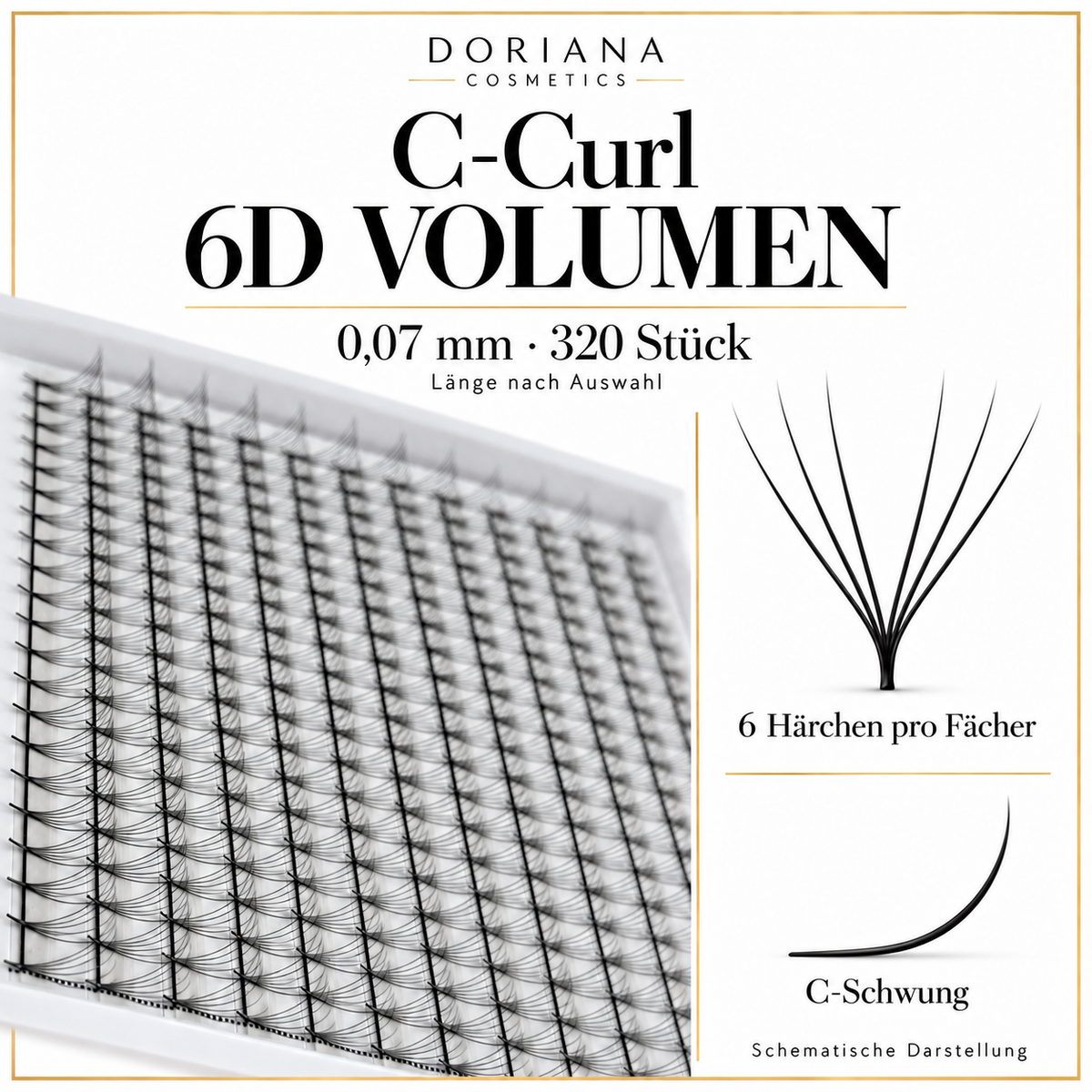 Doriana Wimpernfächer C-Curl, 6D Volumen, 0,07 mm, 320 Stück – Fächer und Schwung schematisch dargestellt