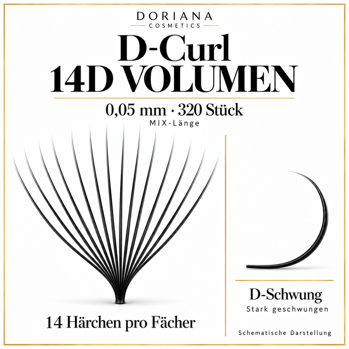 Doriana D-Curl 14D Volumen, 0,05 mm, 320 Stück, MIX-Länge – 14 Härchen und D-Schwung schematisch