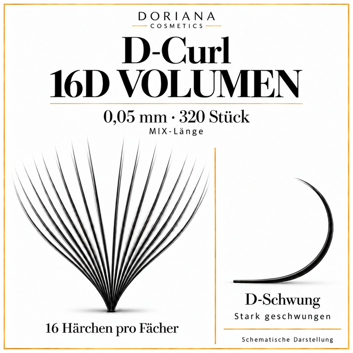 Doriana D-Curl 16D Volumen, 0,05 mm, 320 Stück, MIX-Länge – 16 Härchen pro Fächer und D-Schwung schematisch