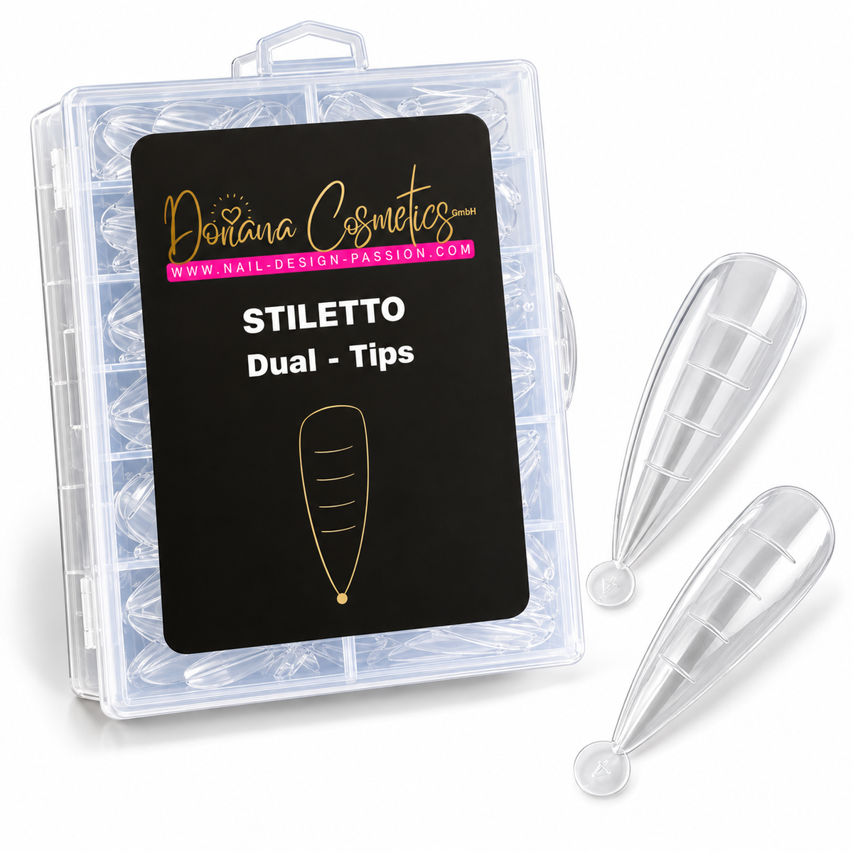 Stiletto Dual Tips von Doriana Cosmetics in Sortierbox mit transparenten Formen