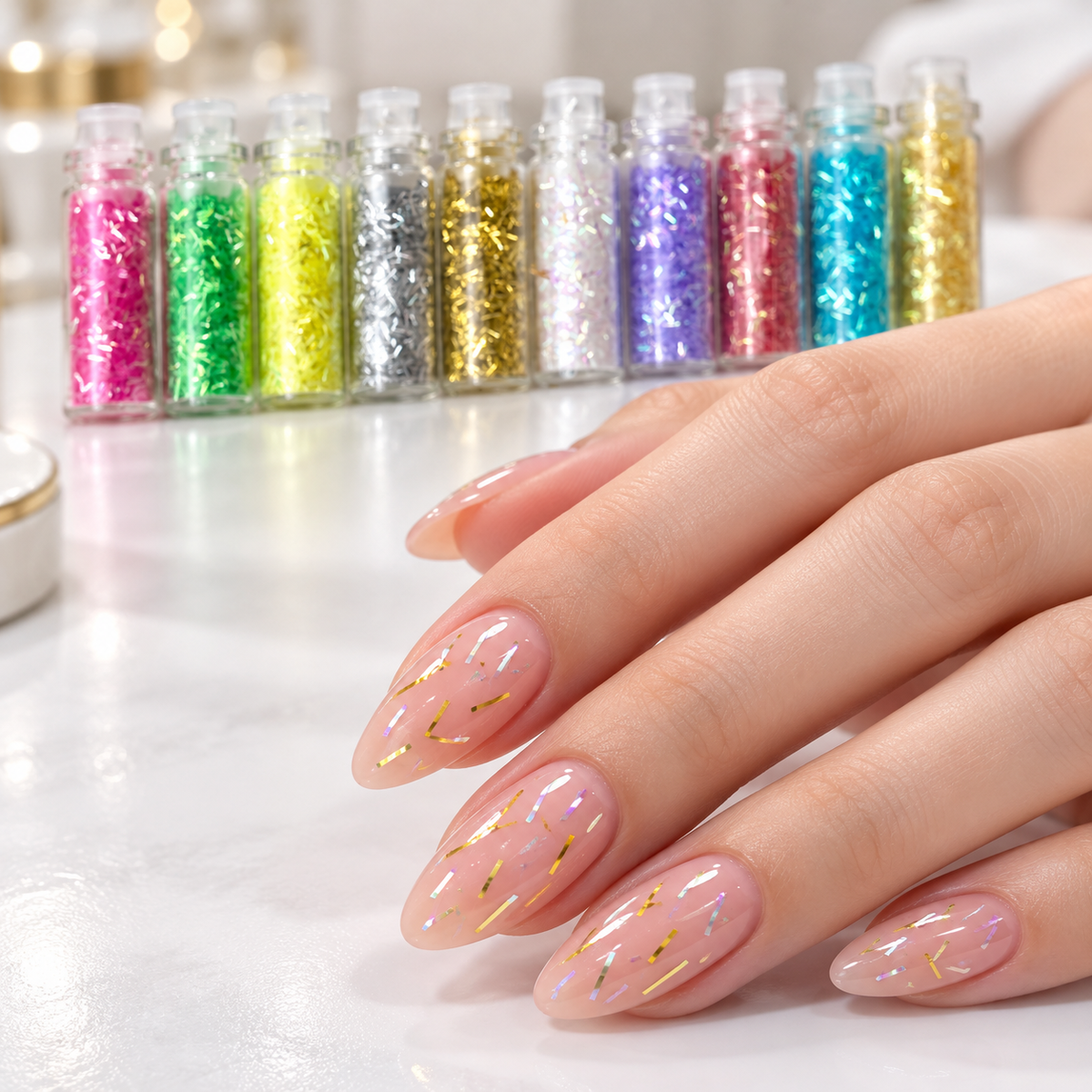 Nailart-Beispiel mit feinen goldenen und irisierenden Glitzerstreifen auf mandelförmigen Nägeln