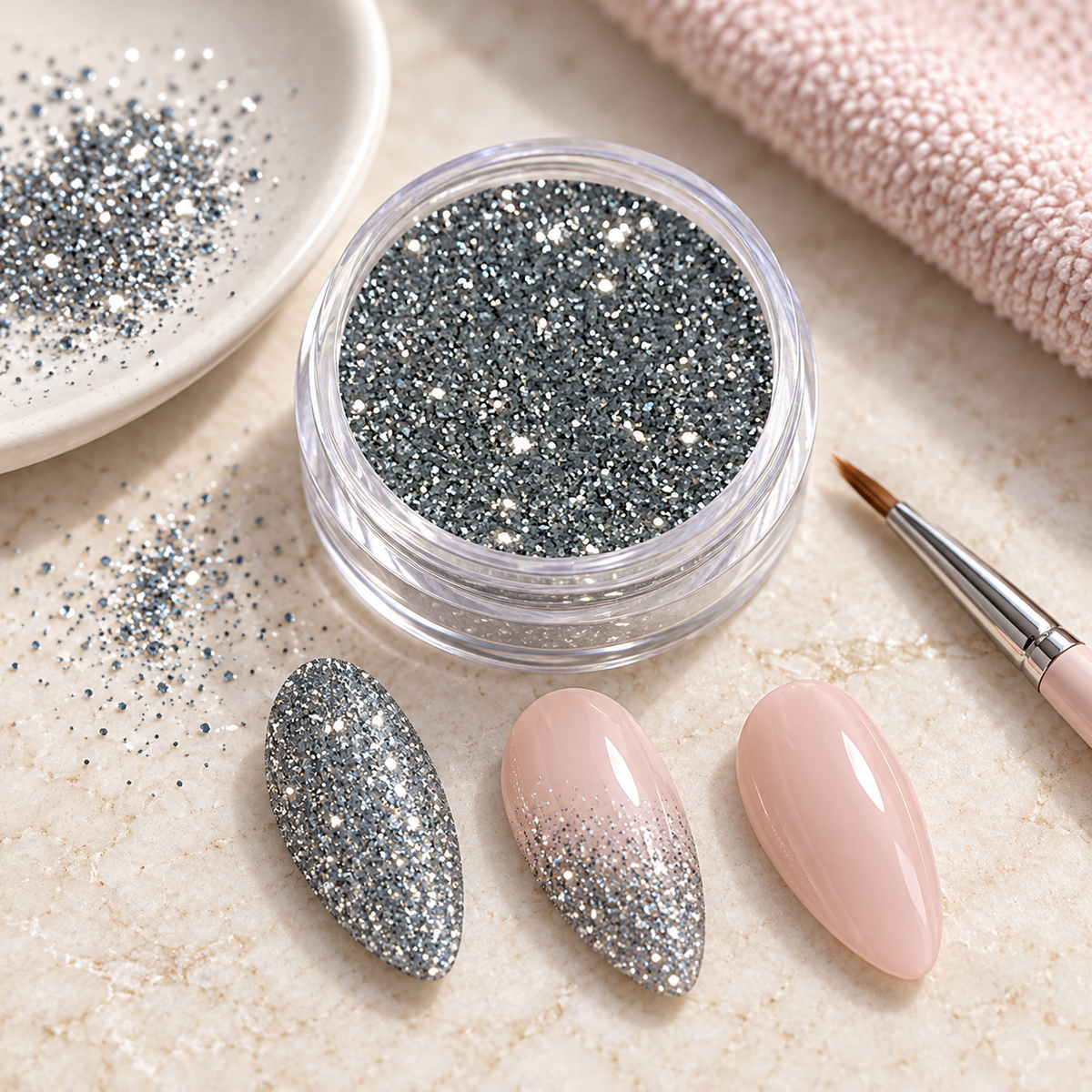Sugar-Silver-Glitzerpulver mit silbernen Nailart- und Verlauf-Beispielen