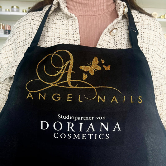 Schwarze SCHÜRZE mit EIGENEM LOGO in Glitzer (Gold, Pink oder Silber-Weiß), personalisiert - Doriana Cosmetics GmbH